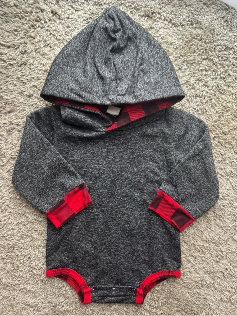 Baby Buffalo Plaid Hooded Romper & Pants Set Gray Red 2 Piece Outfit Size 6-9M